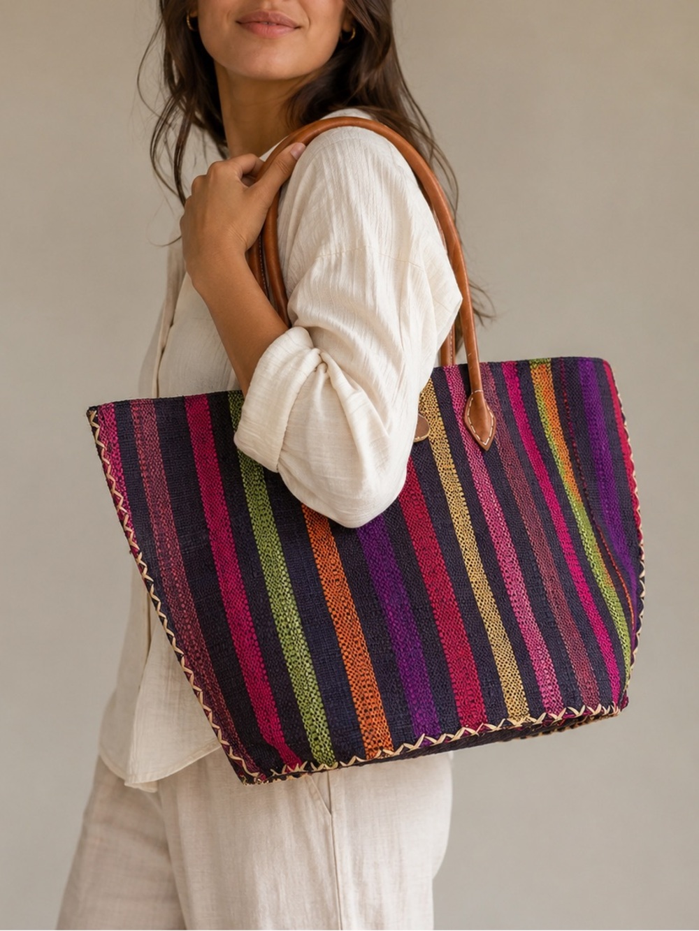 Onigo Madagascar Woven Tote Bag Multicolor Striped Natural Fiber Leather Handles